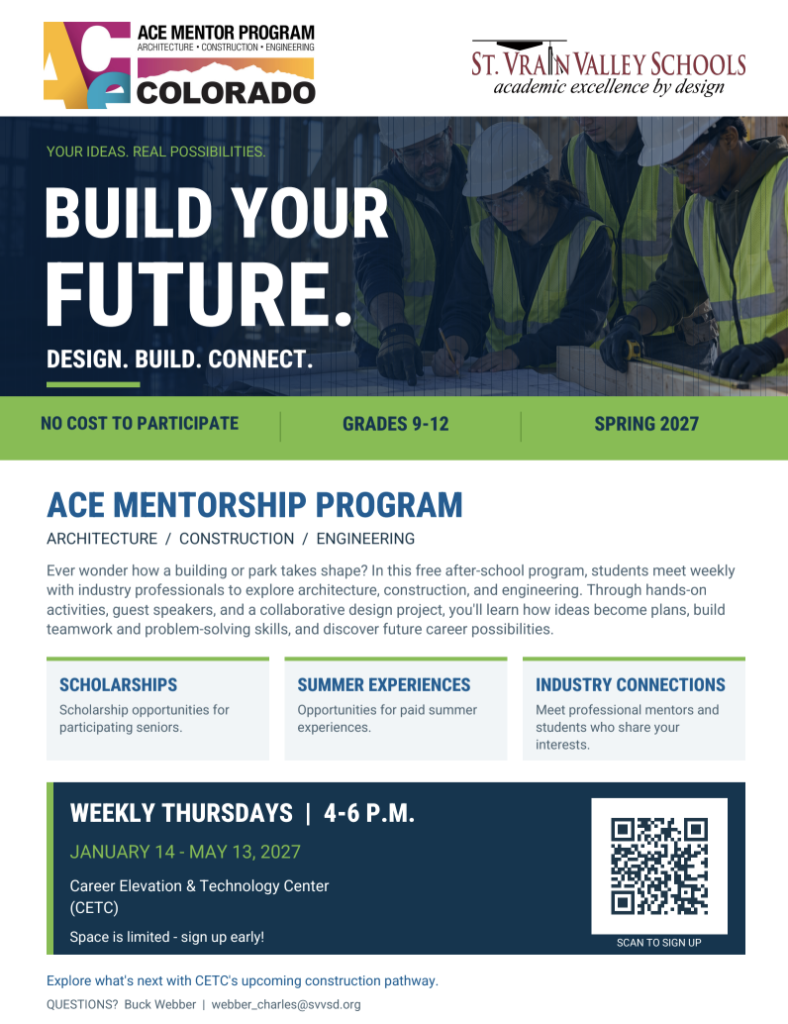 Flyer for ACE Mentorship Program, offering free architecture, construction, and engineering sessions for grades 9-12.